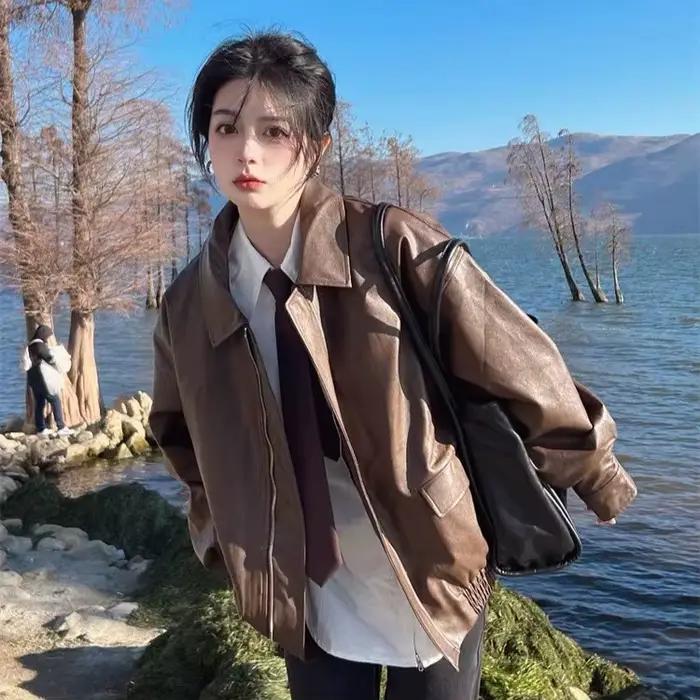 Blouson court en cuir noir pour femme, nouveau style 2025, automne-hiver, style punk rock, veste de 