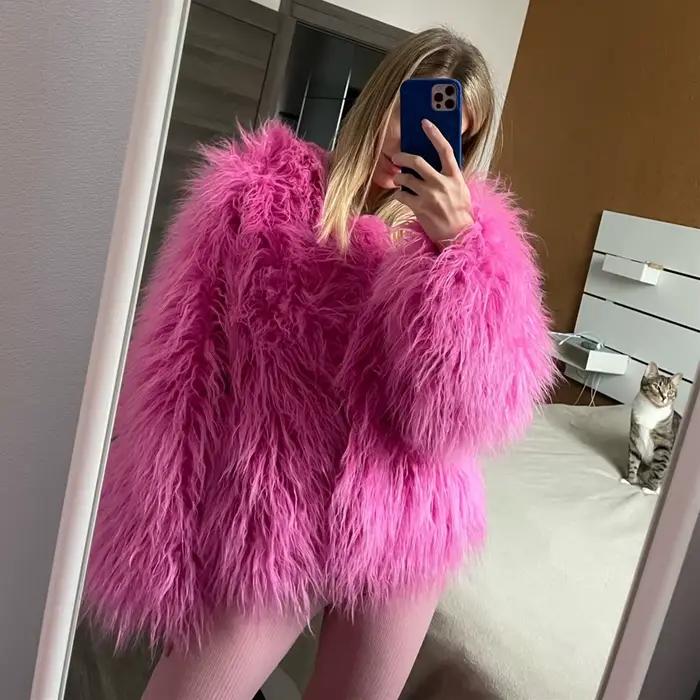 Manteaux de fourrure pour femmes, haut à la mode, manteau en fausse fourrure rose, élégant, épais et