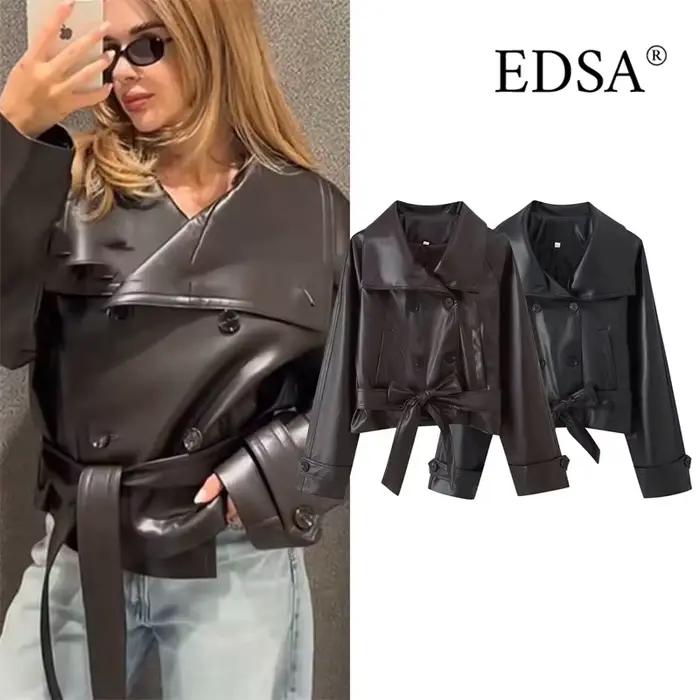 EDSA femmes veste courte en cuir PU avec ceinture Double boutonnage manches longues Vintage femme ma