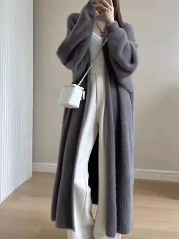 Manteau en tricot ouvert de style ample et paresseux, pull épais à manches longues en fausse fourrur