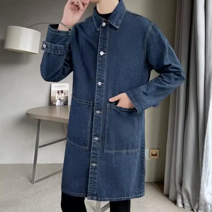 Trench-Coat en Denim Vintage pour hommes, Styles mi-longs, hauts amples, coupe-vent avec peluche épa