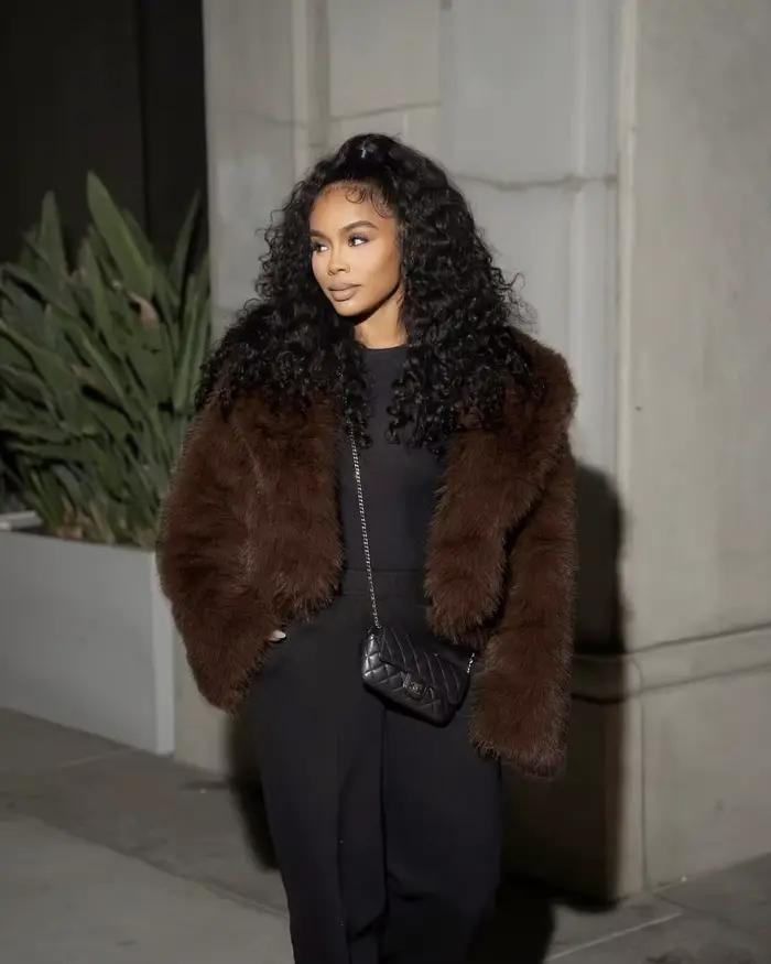 Manteau vintage en fausse fourrure pour femme, veste à manches longues pour femme, ceinture élégante