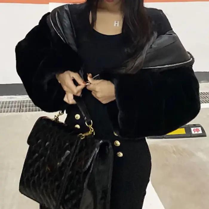 Veste à capuche en fausse fourrure pour femme, manteau court vintage, vêtements d'extérieur noirs dé
