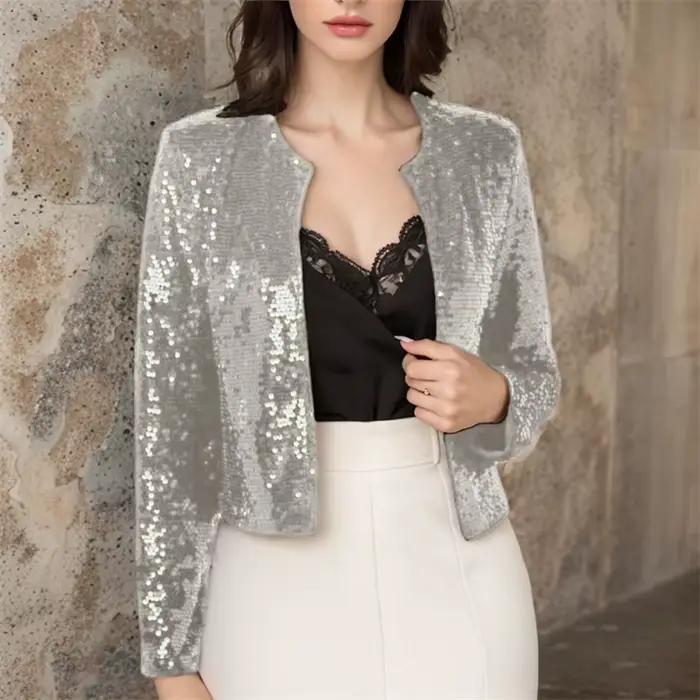 Manteau à Paillettes pour Femme, Veste Courte, Streetwear, Col Rond, Manches sulf, Décontracté, Slim