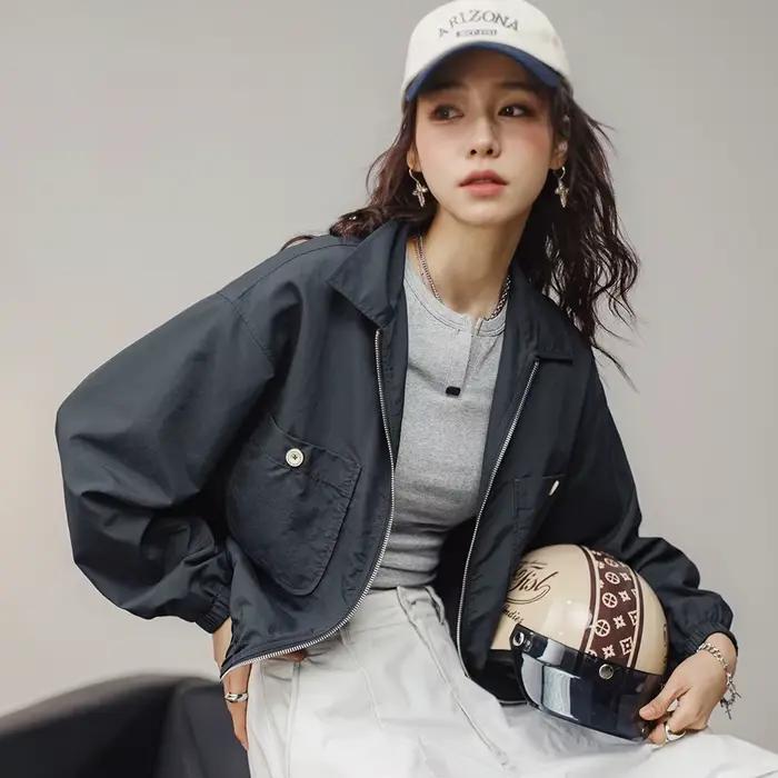 Maden Veste à col de baseball vintage pour femme, courte et décontractée, printemps-automne, légère,