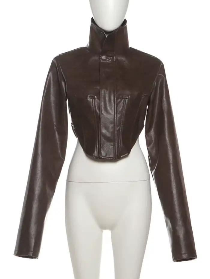 Nibber Hottie Crop Veste Femmes Col Roulé Pu Irrégulière Zip Bouton À Manches Complètes Sauvage Sexy