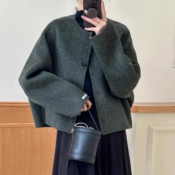 Manteau court en laine pour femmes, manteau haut de gamme à col rond, nouvelle automne et hiver 2025