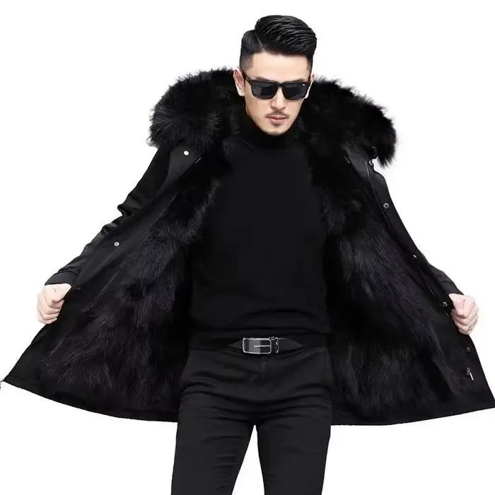 Parka d'hiver pour hommes, manteau chaud, doublure en laine, veste longue à capuche, col en fourrure