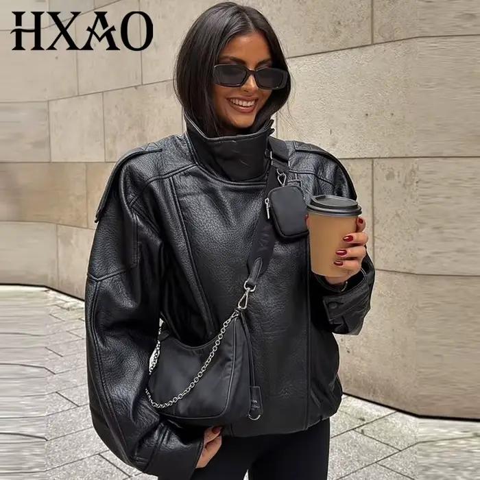 HXAO femmes vestes noir veste en simili cuir femme 2025 asymétrique à manches longues vêtements d'ex
