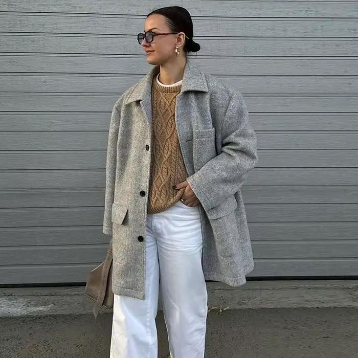 Manteau en Tweed à revers élégant pour femme, rétro Chic, simple boutonnage, gris, manteaux moyens, 