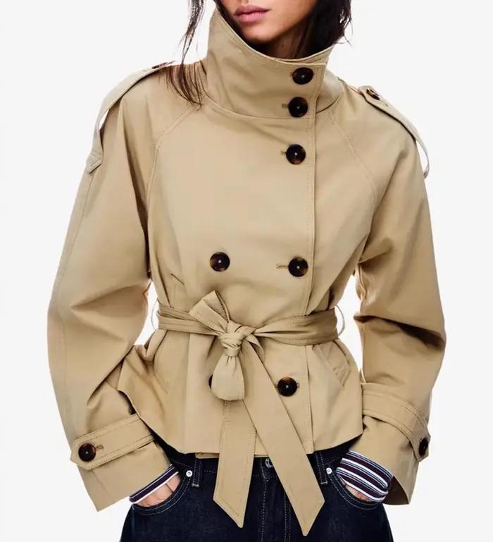 Trench-Coat de couleur unie pour femmes, col montant, Double boutonnage, cravate à la taille, élégan