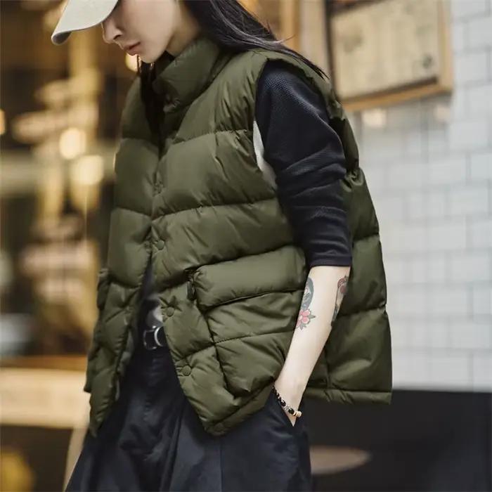 Maden Gilet sans manches pour femme en automne et hiver Rempli de duvet de canard blanc Col montant 