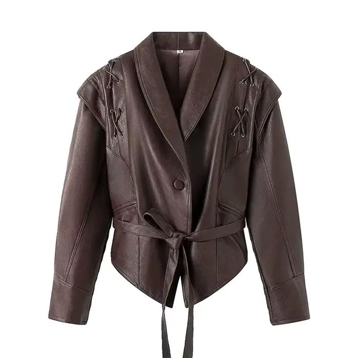 Veste de moto en cuir à lacets pour femme, manteau vintage, cintré à la taille, français, manches lo