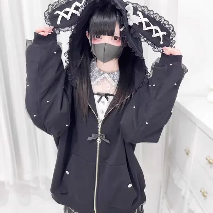 Kawaii femmes manteaux Jirai Kei Lolita Y2K mignon Style japonais veste douce perle oreilles de lapi