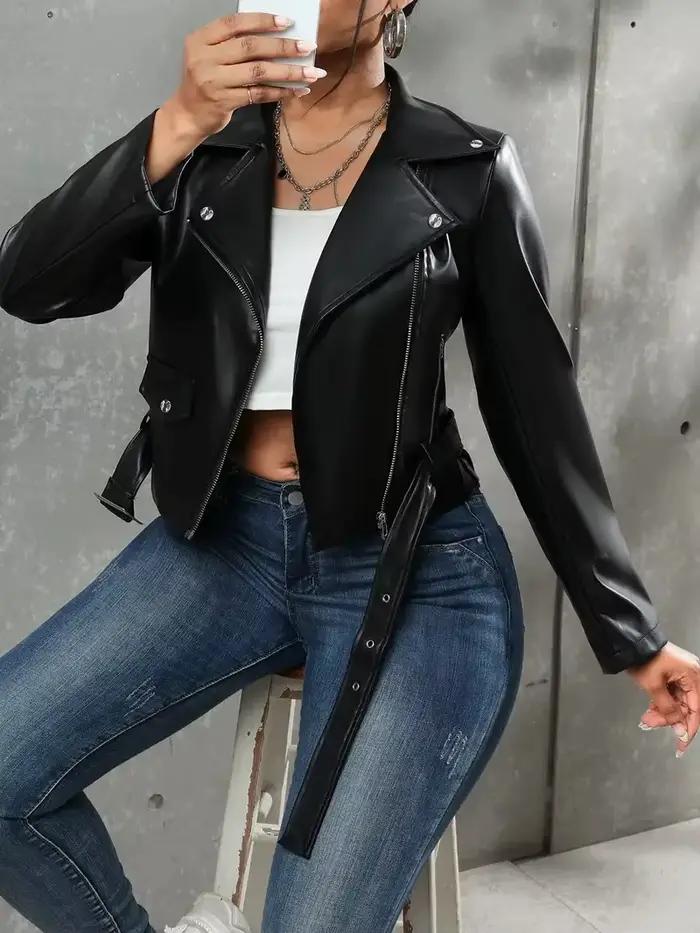 Veste d'automne en cuir PU pour femmes, Style moto, col montant, ceinture de taille décorée, manteau
