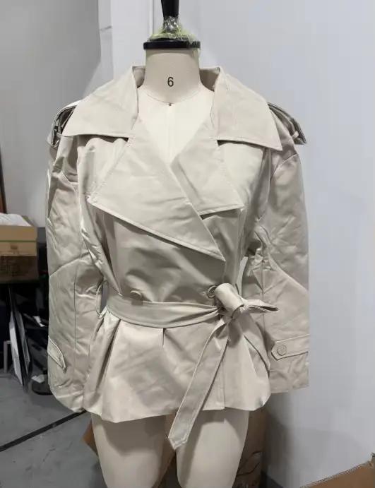 Trench-Coat à lacets pour femmes, revers solide, mode, manches longues, épaules larges, court, ample