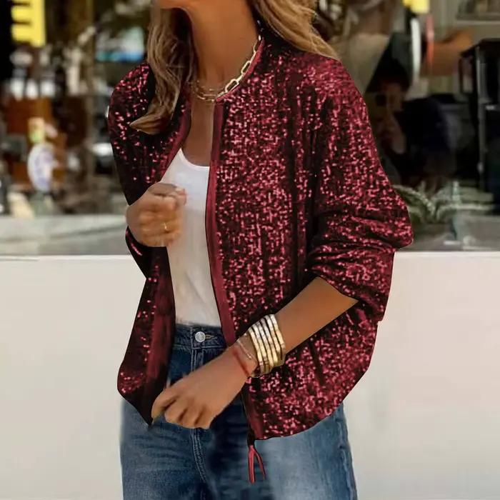 Veste à paillettes scintillantes pour femmes, coupe cintrée, couleur unie, fermeture éclair, manteau