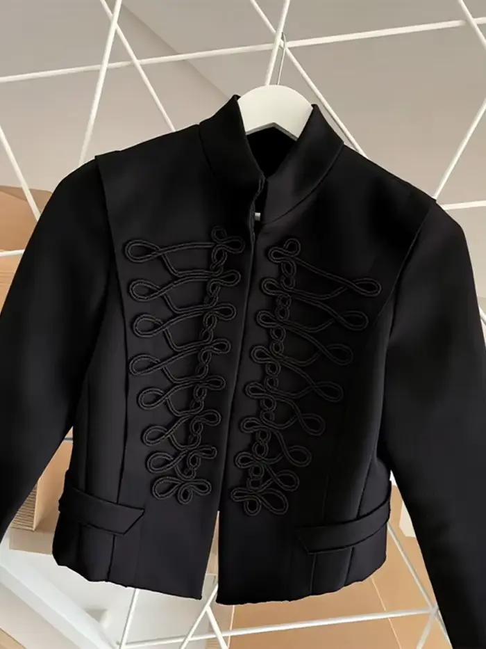 Veste Courte Napoléon Élégante pour Femme, Col Montant, Manches Longues, Coupe Slim, Manteau Noir, N