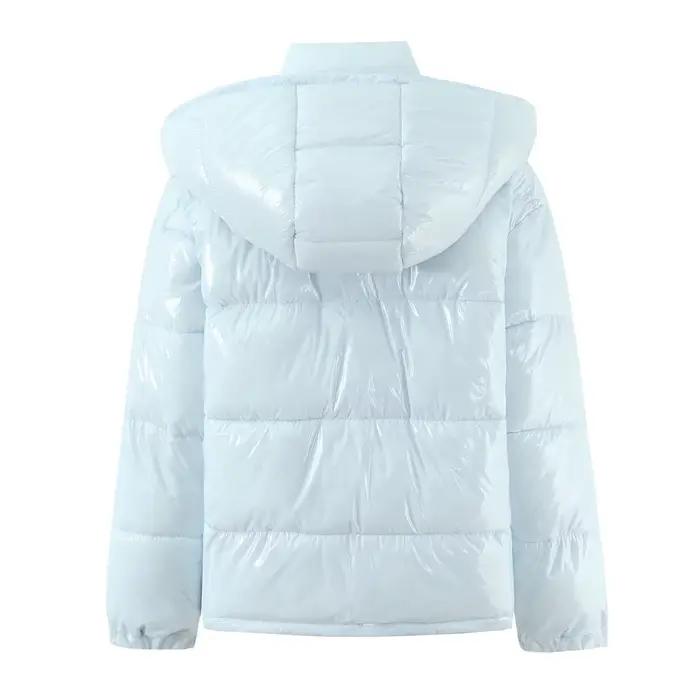 Nouveau hiver mode femmes bleu clair brillant fermeture éclair pain Parka manteau femme col montant 