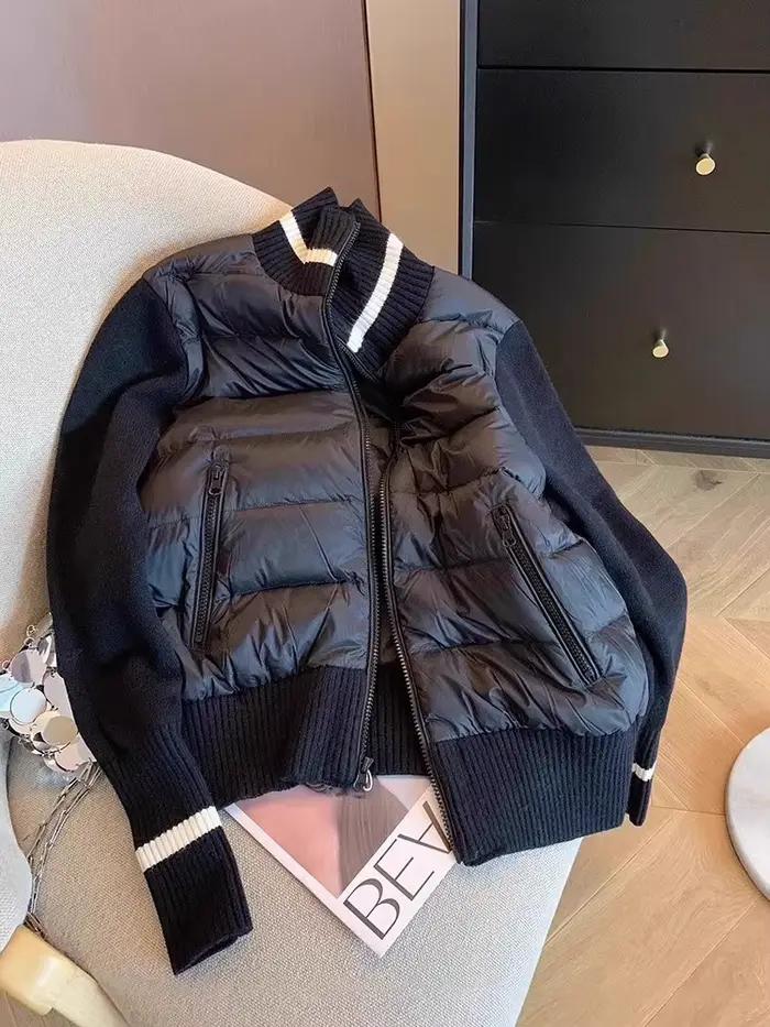 Veste en duvet de coton pour femme, manteaux tricotés à manches longues, couleur contrastée, col mon
