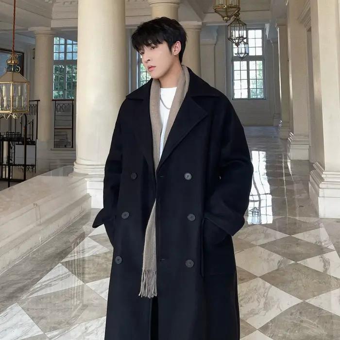 Manteaux longs pour hommes, vestes en laine, manteau épais, Trench-coat, Vintage coréen, ample, lour