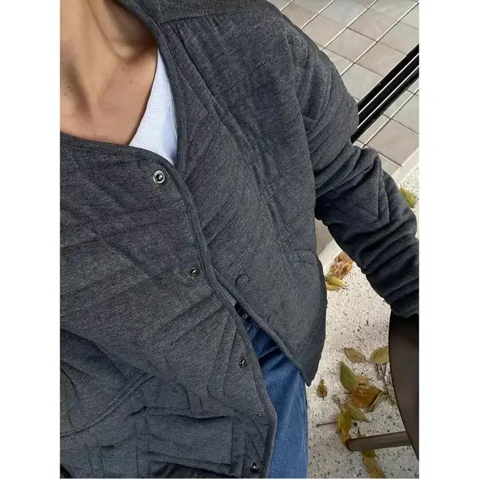 Parka matelassée pour femmes, manteau à la mode, col rond, coupe ample, simple boutonnage, veste gri