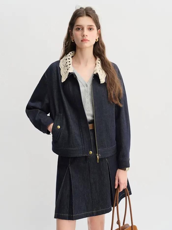 DUSHU doux et Cool à la main col au crochet veste en jean 2025 automne veste courte décontractée 25D