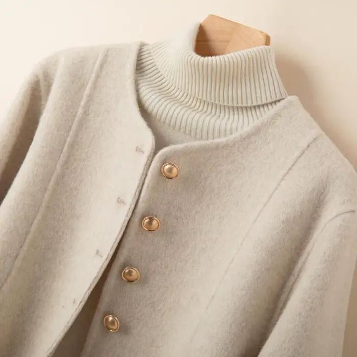 Manteau court en laine double face pour femme, style élégant pour les trajets quotidiens, couleur ve