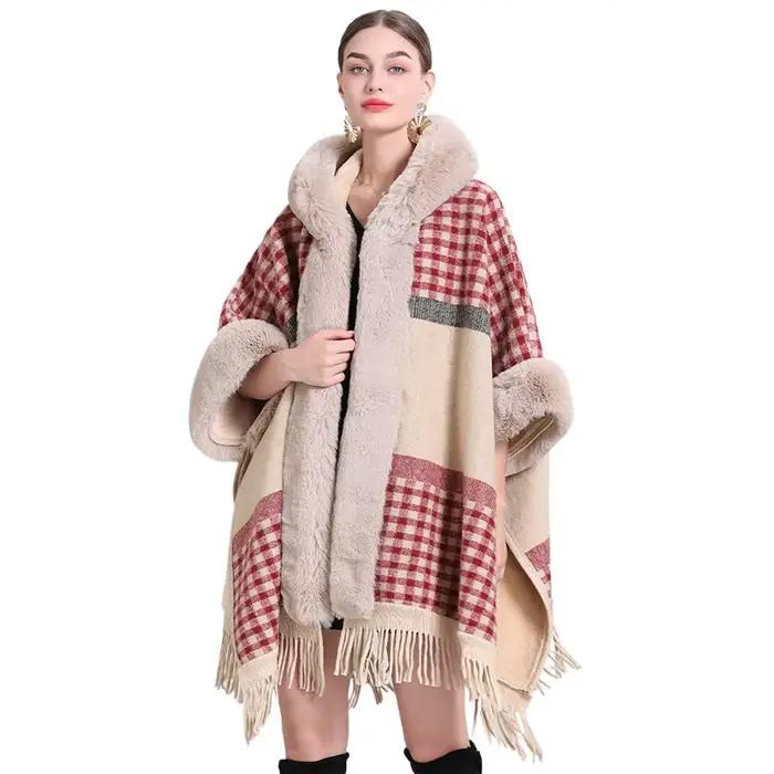 Veste châle en laine pour femmes, ample, à carreaux, à capuche, Plus Cape châle, Cardigan tricoté, m
