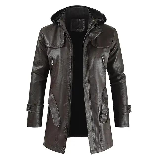 Manteau Long en cuir à capuche pour hommes, vêtements coupe-vent, manteau de moto en cuir pour homme