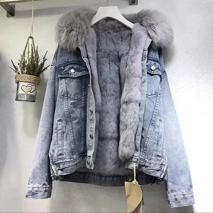 Manteau d'hiver chaud pour femme, style veste en jean, avec grand col en fourrure, doudoune épaisse 