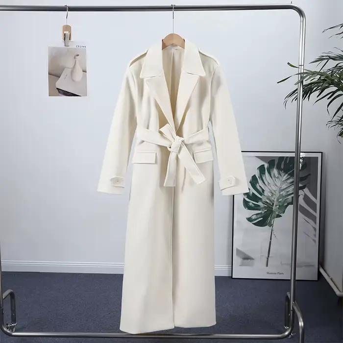 Vintage grand revers Tweed Long manteau femmes élégant ample Double boutonnage ceinture manteaux dam