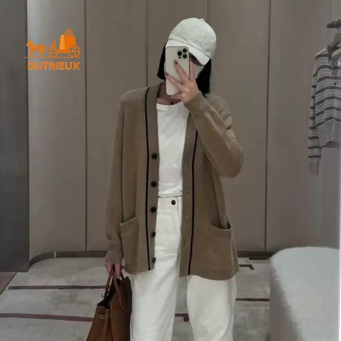 Cardigan en cachemire à col en v pour femme, manteau élégant et décontracté, Style minimaliste, 100%