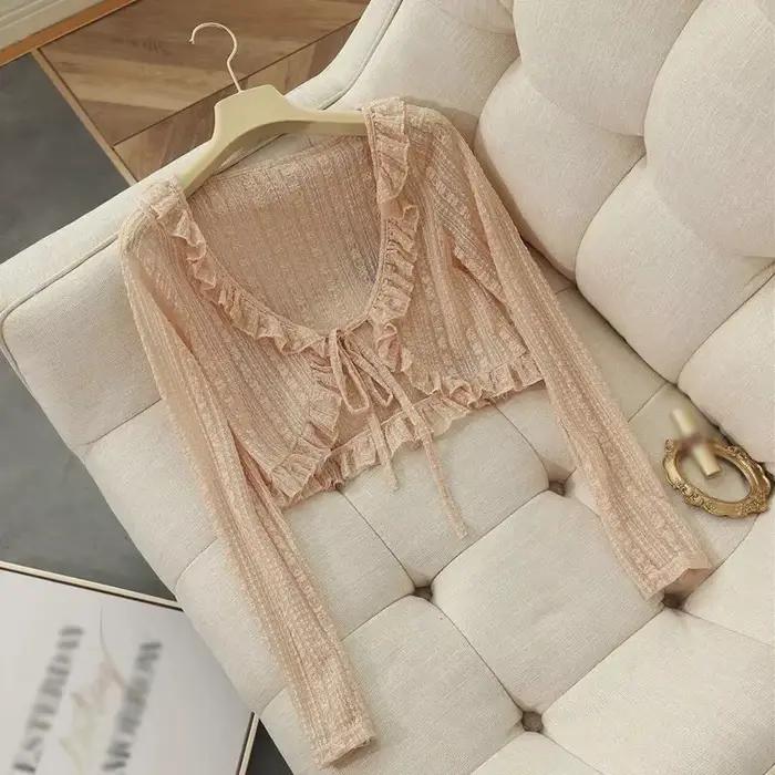 Manteau de Protection Solaire en Dentelle pour Femme, Cardigan à Volants avec Nministériels d, Chemi