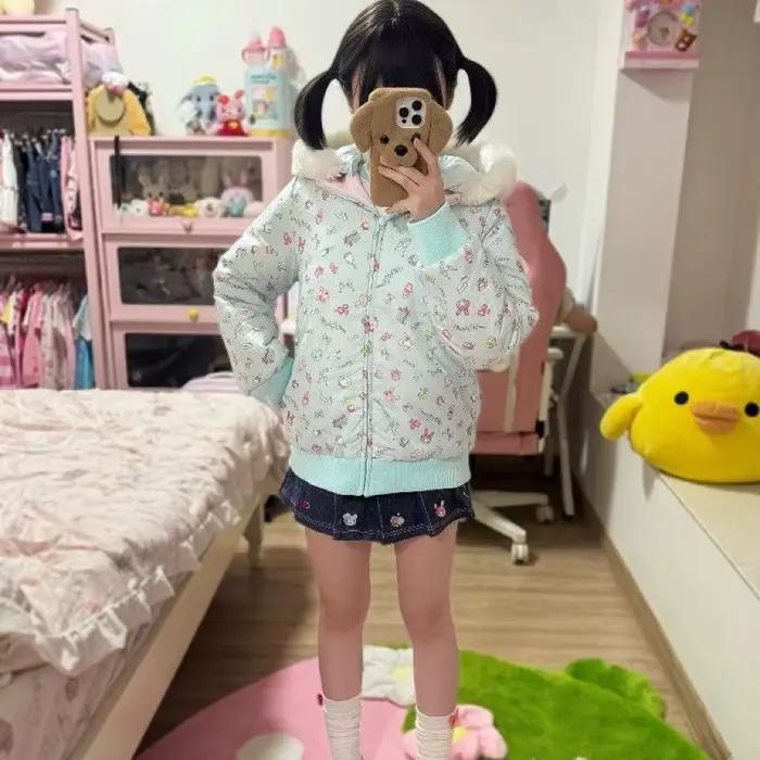 Parka réversible japonaise Kawaii rembourrée en coton, veste chaude à capuche avec col en fourrure, 