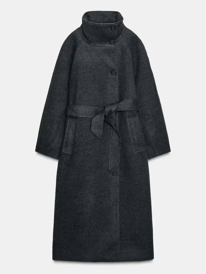 Manteau Long gris à col haut pour femme, avec cravate à la taille, manches longues, mélange de laine