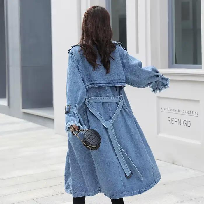 Trench Denim manteau femmes longs manteaux à lacets ceinture taille haute col rabattu Maxi vestes Y2