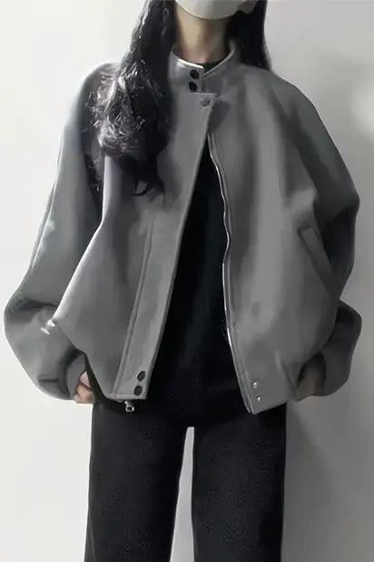 Veste Vintage grise haut de gamme en daim texturé avec col montant pour femmes, nouvelle veste bomba