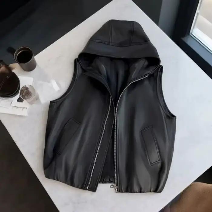 Veste de gilet en cuir PU pour femmes, manteau de loisirs à capuche et fermeture éclair pour dames, 