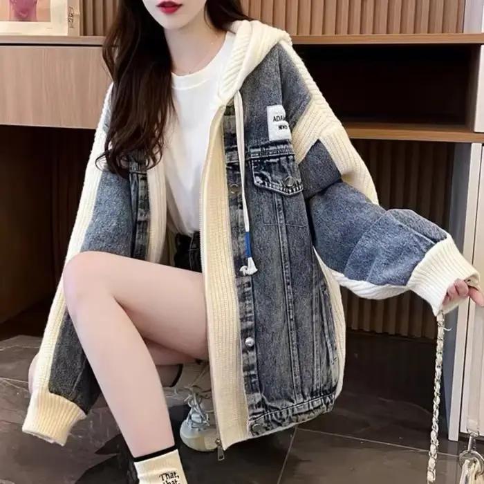 Veste en Jean noir pour femmes hiver 2025 vêtements d'extérieur froids graphique avec imprimé à capu