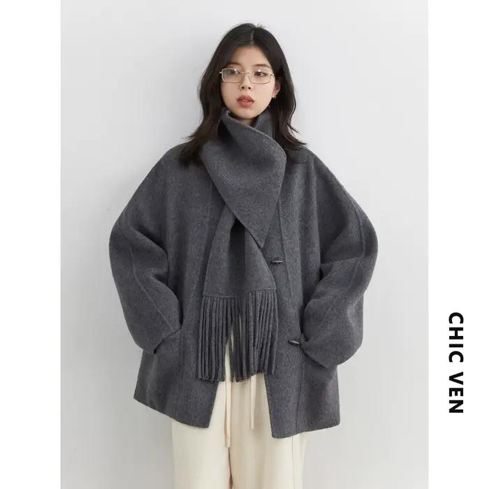 CHIC VEN femmes manteau en laine solide ample simple boutonnage pardessus Double face bureau dames m