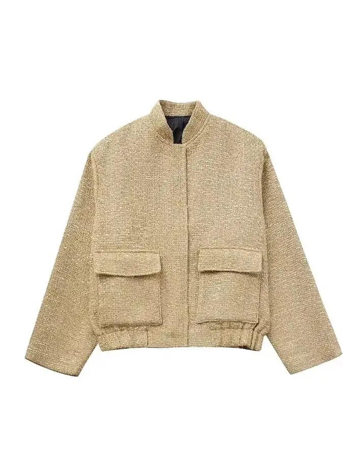 Veste à paillettes brillantes pour femmes, couleur or Y2k, col montant, manches longues, manteau cou
