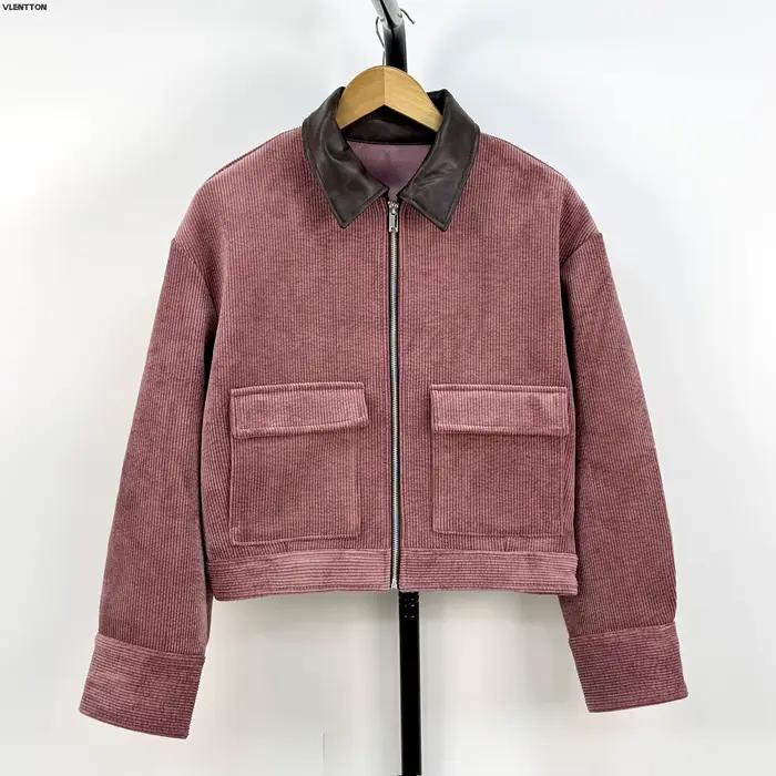 Veste en velours côtelé rose pour femme, col en PU de haute qualité, manches longues, fermeture écla