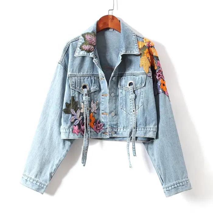 Veste en jean brodée de fleurs pour femmes, veste en jean à paillettes, manteau à perles florales, c