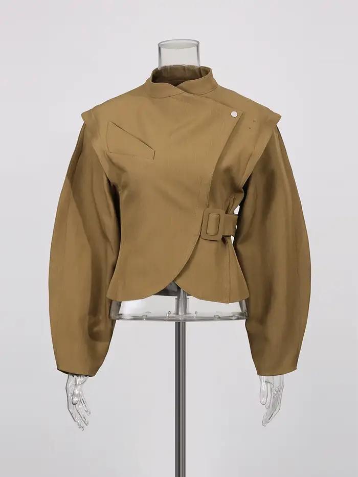 TWOTWINSTYLE solide épissé ceinture tempérament vestes pour femmes col montant épaules tombantes man