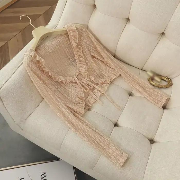 Manteau de Protection Solaire en Dentelle pour Femme, Cardigan à Volants avec Nministériels d, Chemi