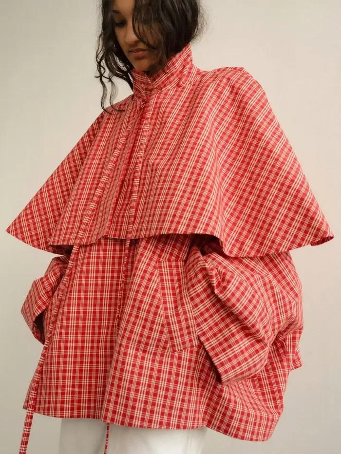 Manteau trench court coupe cape à carreaux rouges pour femme, col montant, manches longues, simple b