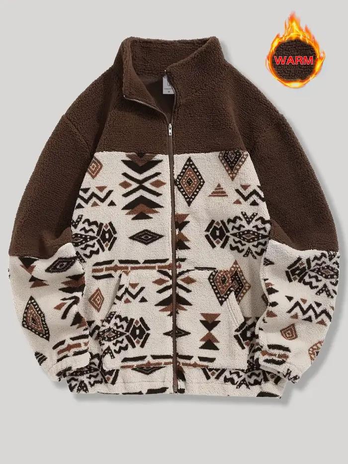 Veste en polaire sherpa à col montant pour homme, style ethnique aztèque, couleurs contrastées, épai