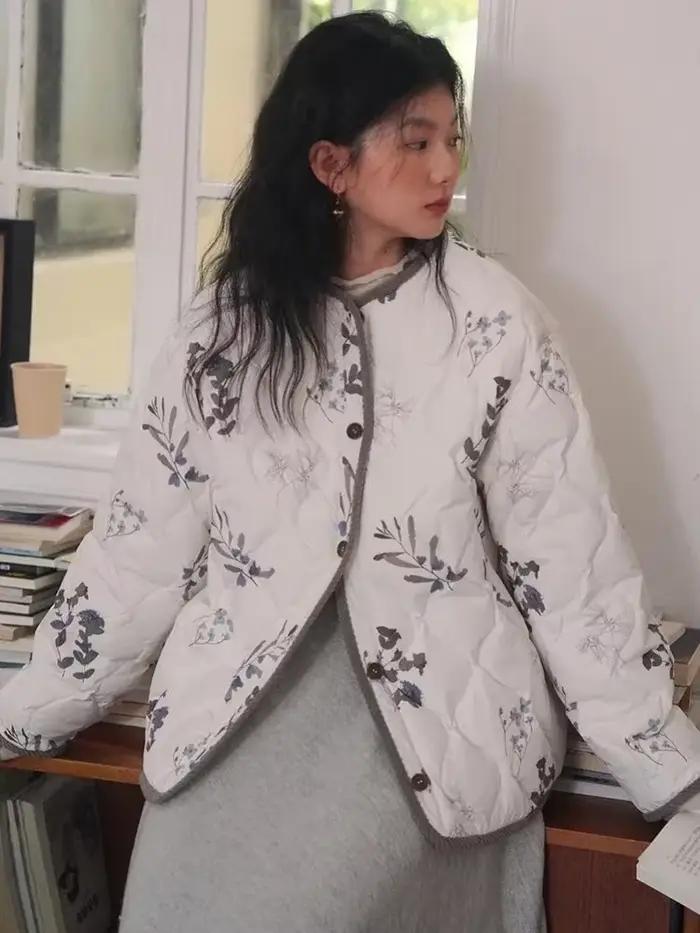 Veste matelassurera florale vintage pour femmes, col rond, simple boutonnage, diamant, plaid, adt, v