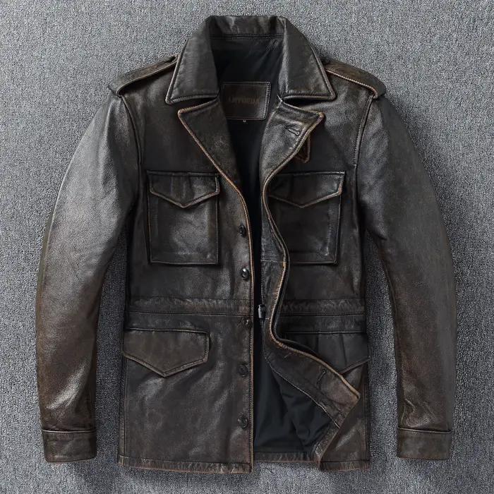 Manteau Trench Classique M43 en Cuir de Vachette Véritable, Veste Militaire en Cuir Longue et Moyenn